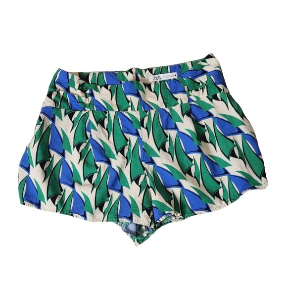Zara Womens Green Blue Geo Print High-Waisted Shorts Size Large - Picture 1 of 6